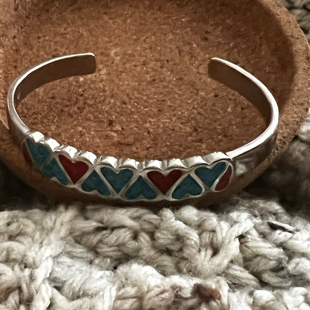 Native American Sterling Silver Zuni Heart Cuff Bracelet with Turquoise - Picture 2 of 9